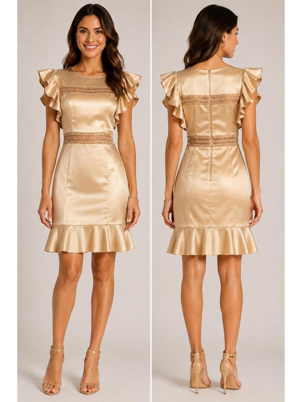 WHY Champagne Gold Faux Leather Ruffle Sleeve Lace Trim Midi Dress Sz XXL NWT
